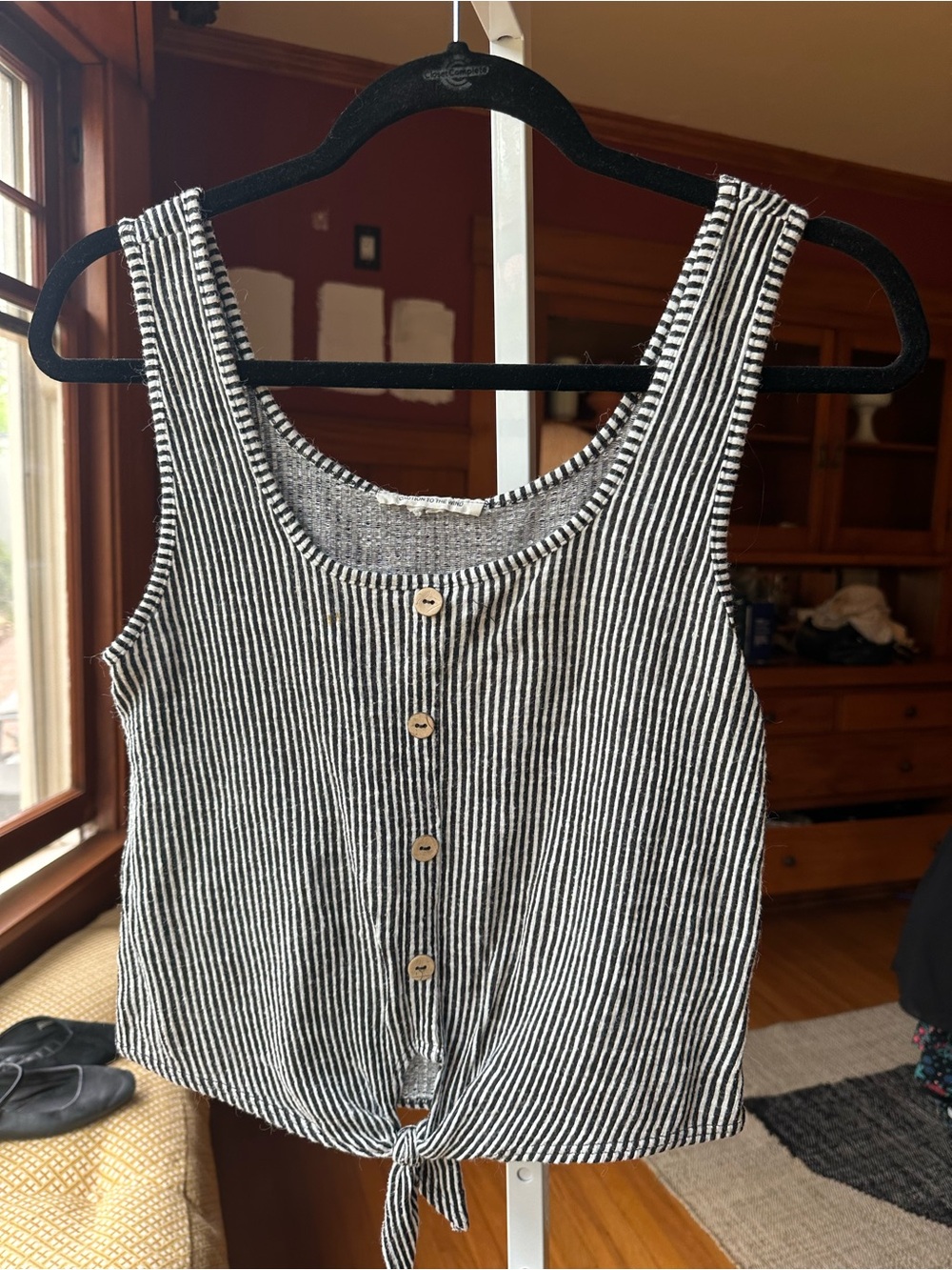Caution To The Wind Black and White Striped Tie-Front Tank